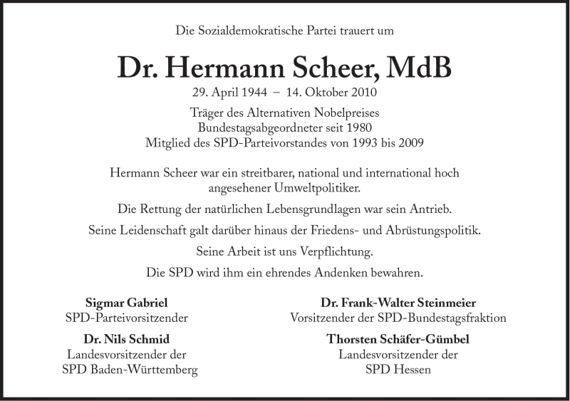  Traueranzeige für Hermann Scheer vom 20.10.2010 aus Süddeutsche Zeitung