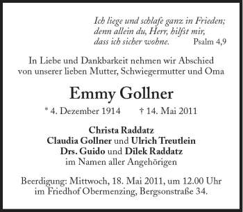 Traueranzeige von Emmy Gollner von Süddeutsche Zeitung