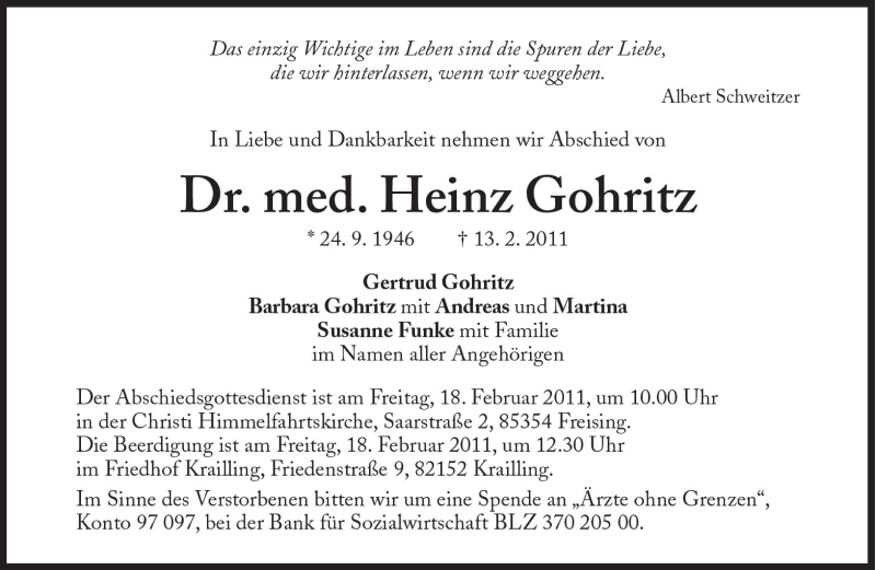  Traueranzeige für Heinz Gohritz vom 17.02.2011 aus Süddeutsche Zeitung