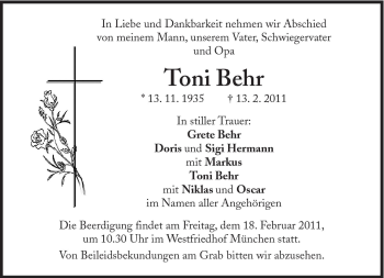 Traueranzeige von Toni Behr von Süddeutsche Zeitung