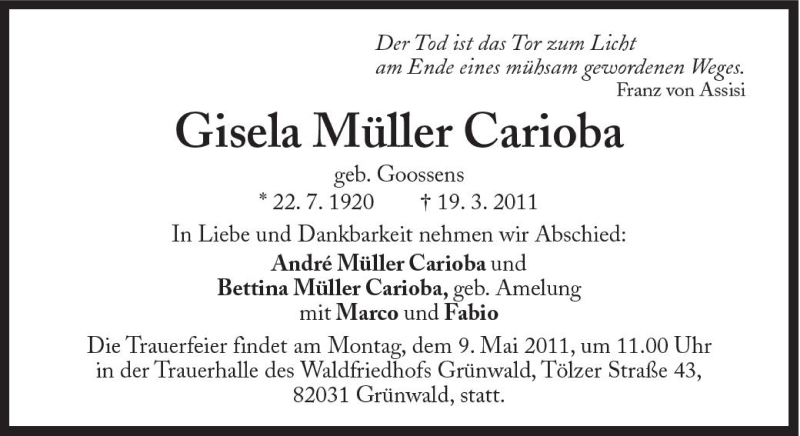  Traueranzeige für Gisela Müller Crioba vom 09.04.2011 aus Süddeutsche Zeitung