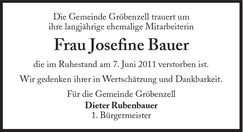  Traueranzeige für Josefine Bauer vom 10.06.2011 aus Süddeutsche Zeitung