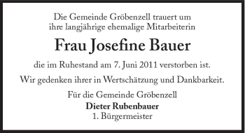 Traueranzeige von Josefine Bauer von Süddeutsche Zeitung