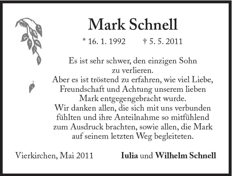  Traueranzeige für Mark Schnell vom 21.05.2011 aus Süddeutsche Zeitung