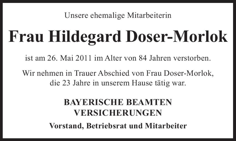  Traueranzeige für Hildegard Doser-Morlok vom 04.06.2011 aus Süddeutsche Zeitung