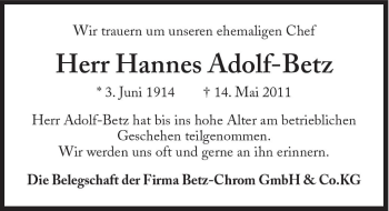 Traueranzeige von Hannes Adolf-Betz von Süddeutsche Zeitung