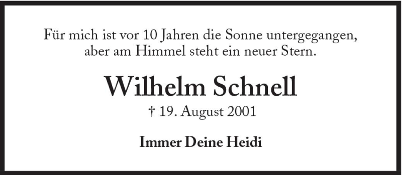  Traueranzeige für Wilhelm Schnell vom 19.08.2011 aus Süddeutsche Zeitung