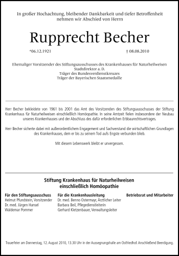 Traueranzeige von Rupprecht Becher von Süddeutsche Zeitung