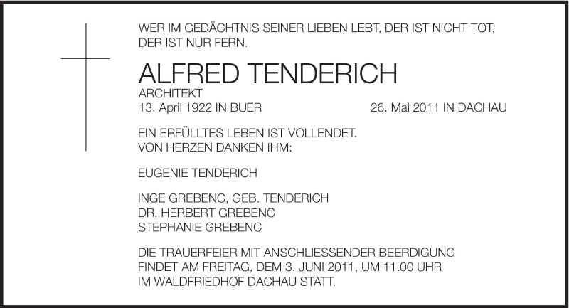  Traueranzeige für Alfred Tenderich vom 31.05.2011 aus Süddeutsche Zeitung