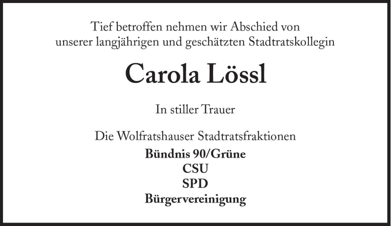  Traueranzeige für Carola Lössl vom 04.08.2010 aus Süddeutsche Zeitung