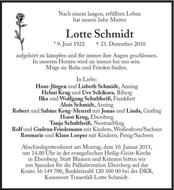 Traueranzeige von Lotte Schmidt von Süddeutsche Zeitung