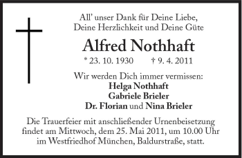 Traueranzeige von Alfred Nothhaft von Süddeutsche Zeitung