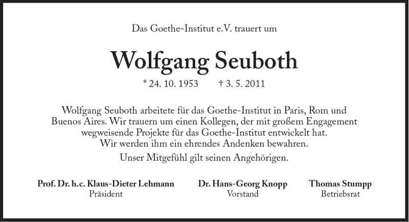  Traueranzeige für Wolfgang Seuboth vom 13.05.2011 aus Süddeutsche Zeitung
