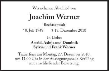 Traueranzeige von Joachim Werner von Süddeutsche Zeitung