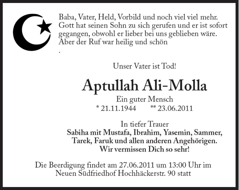  Traueranzeige für Aptullah Ali-Molla vom 25.06.2011 aus Süddeutsche Zeitung