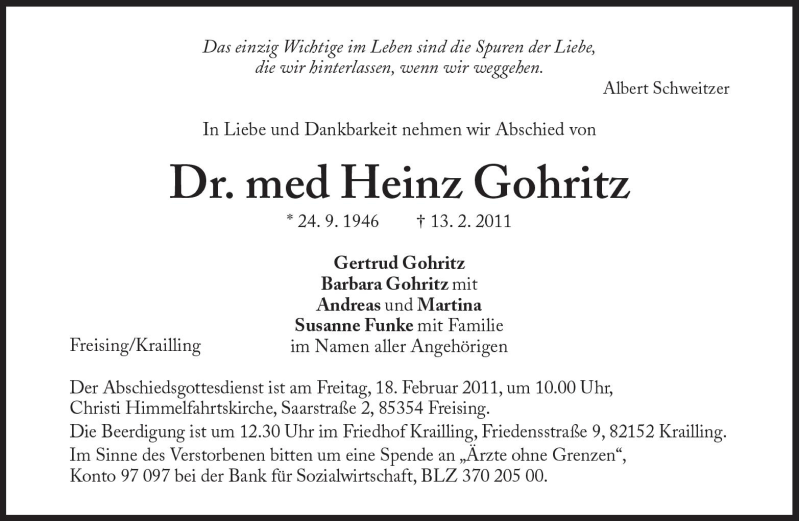  Traueranzeige für Heinz Gohritz vom 15.02.2011 aus Süddeutsche Zeitung
