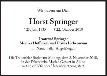 Traueranzeige von Horst Springer von Süddeutsche Zeitung