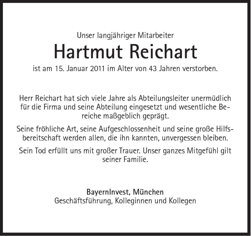  Traueranzeige für Hartmut Reichart vom 19.01.2011 aus Süddeutsche Zeitung