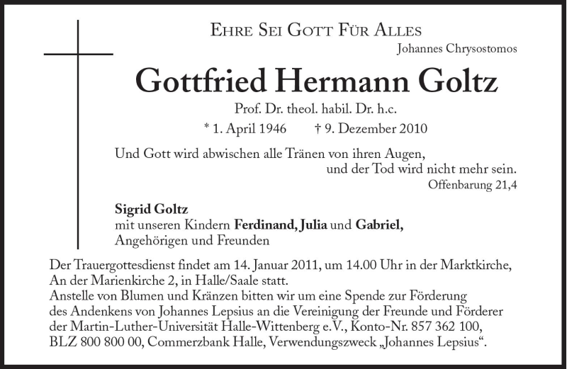 Traueranzeige für Gottfried Hermann Goltz vom 15.12.2010 aus Süddeutsche Zeitung