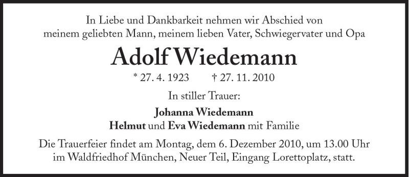  Traueranzeige für Adolf Wiedemann vom 02.12.2010 aus Süddeutsche Zeitung