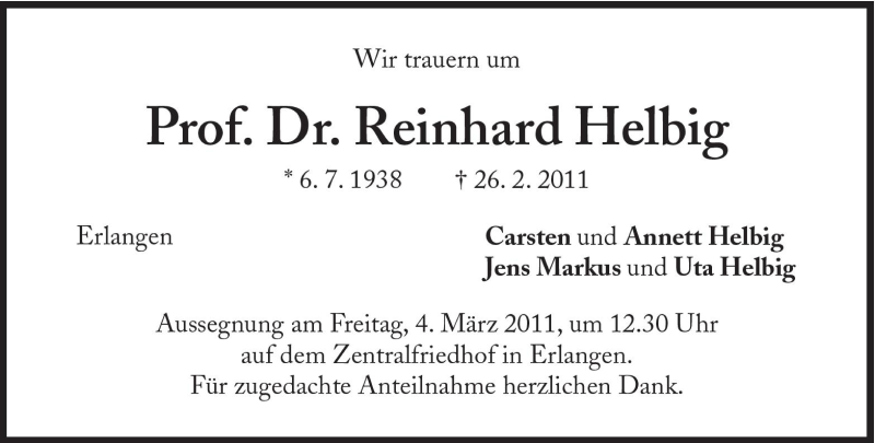  Traueranzeige für Reinhard Helbig vom 02.03.2011 aus Süddeutsche Zeitung