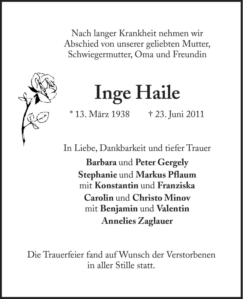  Traueranzeige für Inge Haile vom 02.07.2011 aus Süddeutsche Zeitung