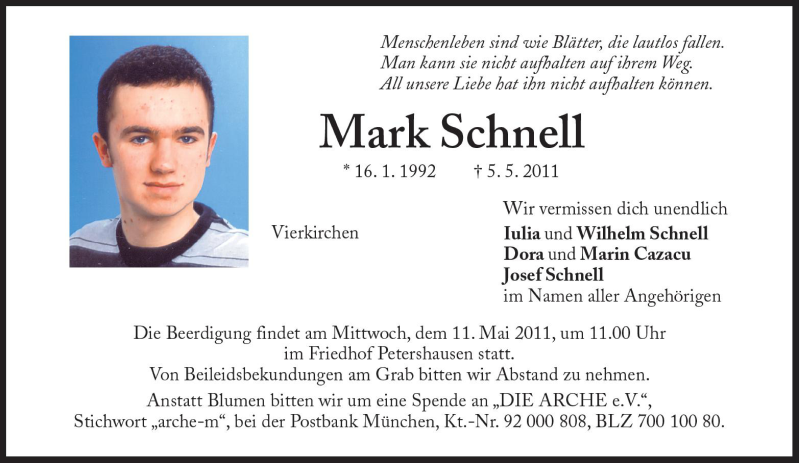  Traueranzeige für Mark Schnell vom 10.05.2011 aus Süddeutsche Zeitung