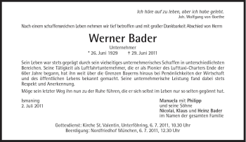 Traueranzeige von Werner Bader von Süddeutsche Zeitung