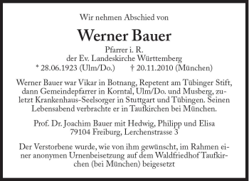 Traueranzeige von Werner Bauer von Süddeutsche Zeitung