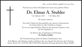 Traueranzeige von Elmar A. Stuhler von Süddeutsche Zeitung