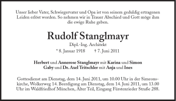 Traueranzeige von Rudolf Stanglmayr von Süddeutsche Zeitung