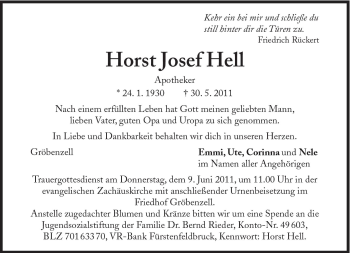 Traueranzeige von Horst Josefl Hel von Süddeutsche Zeitung