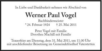 Traueranzeige von Werner Paul Vogel von Süddeutsche Zeitung