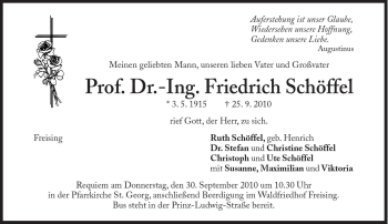 Traueranzeige von Friedrich Schöffel von Süddeutsche Zeitung