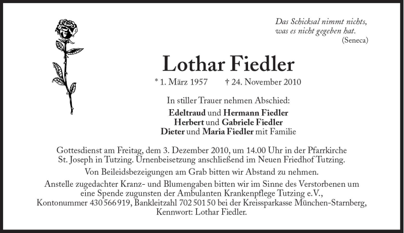  Traueranzeige für Lothar Fiedler vom 01.12.2010 aus Süddeutsche Zeitung