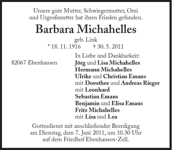Traueranzeige von Barbara Michahelles von Süddeutsche Zeitung
