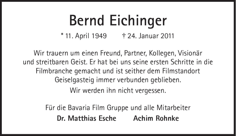  Traueranzeige für Bernd Eichinger vom 27.01.2011 aus Süddeutsche Zeitung