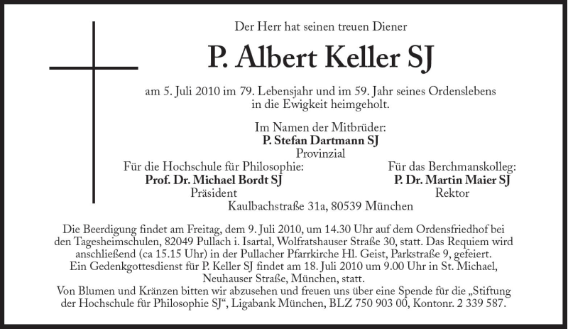  Traueranzeige für P. Albert Keller SJ vom 07.07.2010 aus Süddeutsche Zeitung