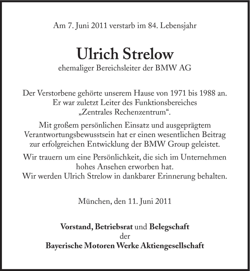  Traueranzeige für Ulrich Strelow vom 11.06.2011 aus Süddeutsche Zeitung