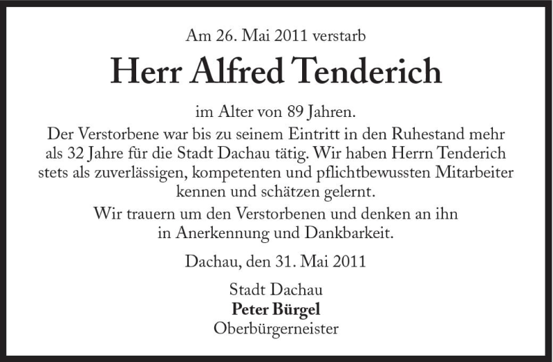  Traueranzeige für Alfred Tenderich vom 04.06.2011 aus Süddeutsche Zeitung