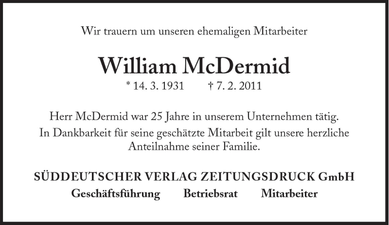  Traueranzeige für William McDermid vom 18.02.2011 aus Süddeutsche Zeitung