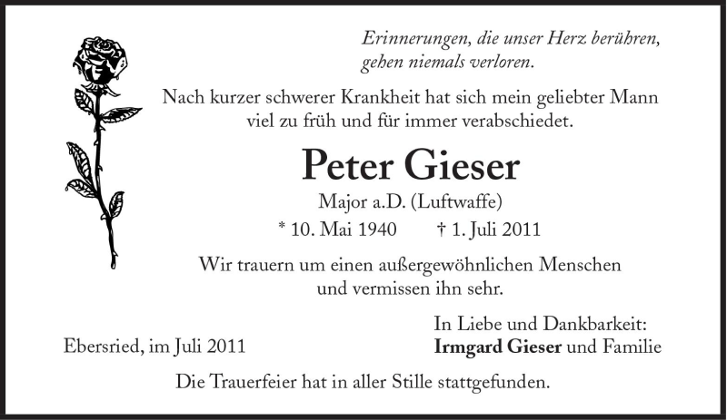  Traueranzeige für Peter Gieser vom 26.07.2011 aus Süddeutsche Zeitung