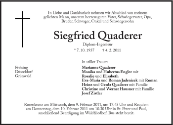 Traueranzeige von Siegfried Quaderer von Süddeutsche Zeitung