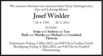 Traueranzeige von Josef Winkler von Süddeutsche Zeitung