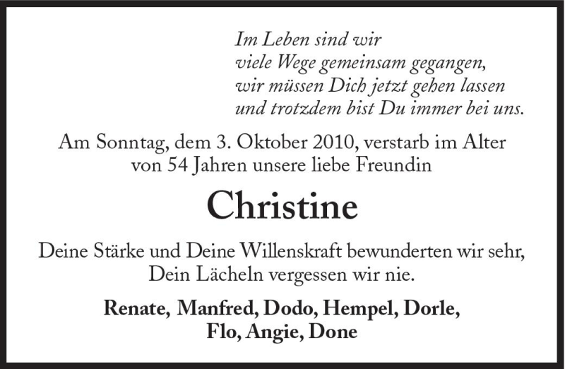  Traueranzeige für Christine Popp vom 06.10.2010 aus Süddeutsche Zeitung