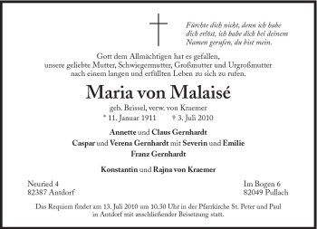 Traueranzeige von Maria von Malaisé von Süddeutsche Zeitung