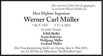 Traueranzeige von Werner Carl Müller von Süddeutsche Zeitung