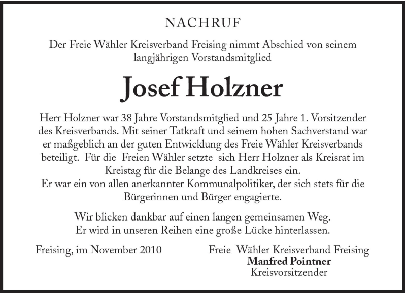  Traueranzeige für Josef Holzner vom 12.11.2010 aus Süddeutsche Zeitung