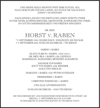 Traueranzeige von Horst v. Raben von Süddeutsche Zeitung