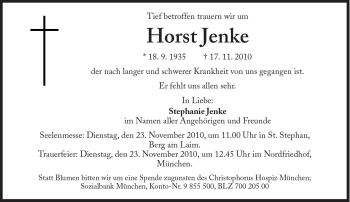 Traueranzeige von Horst Jenke von Süddeutsche Zeitung